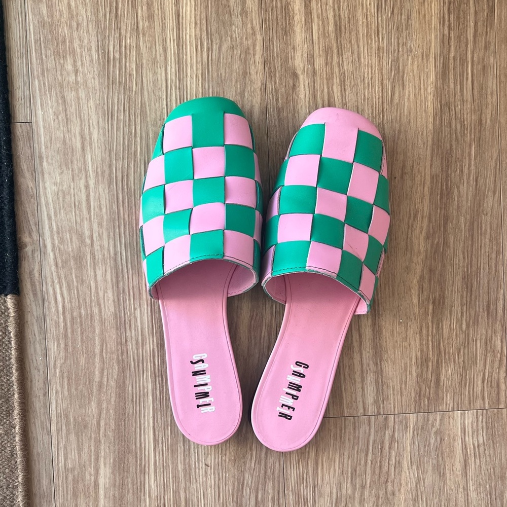 Camper Katie mule slide twin sandals pink and green